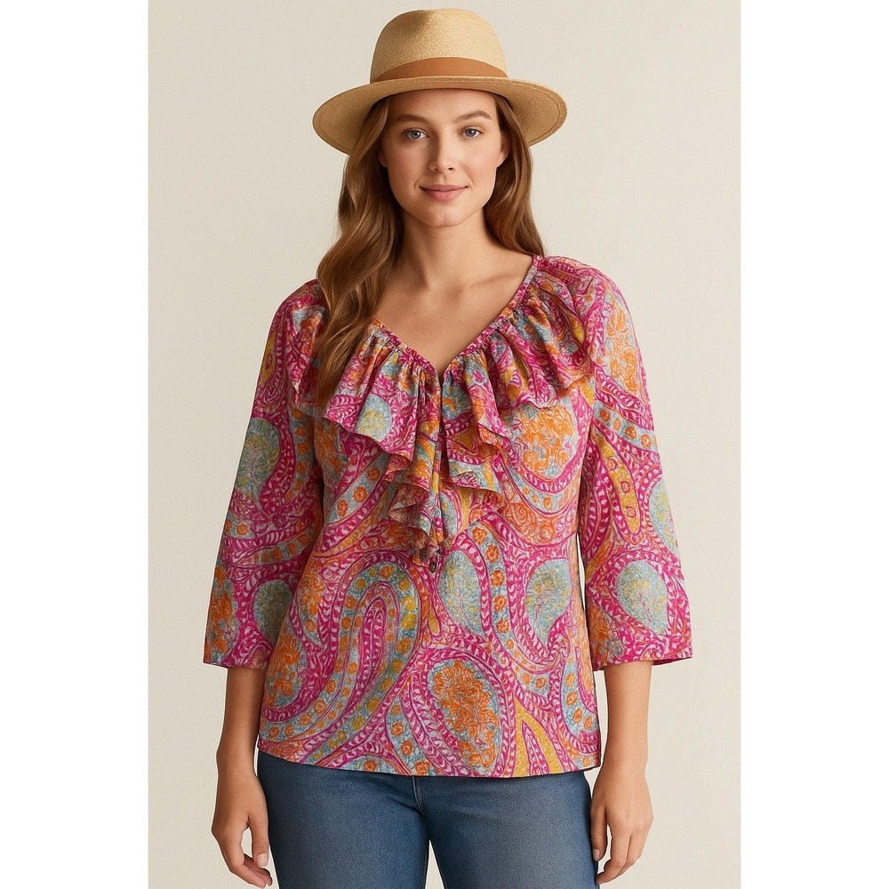 Lauren Ralph Lauren LRL XL Paisley Ruffle V Neck Boho Lightweight Blouse Top